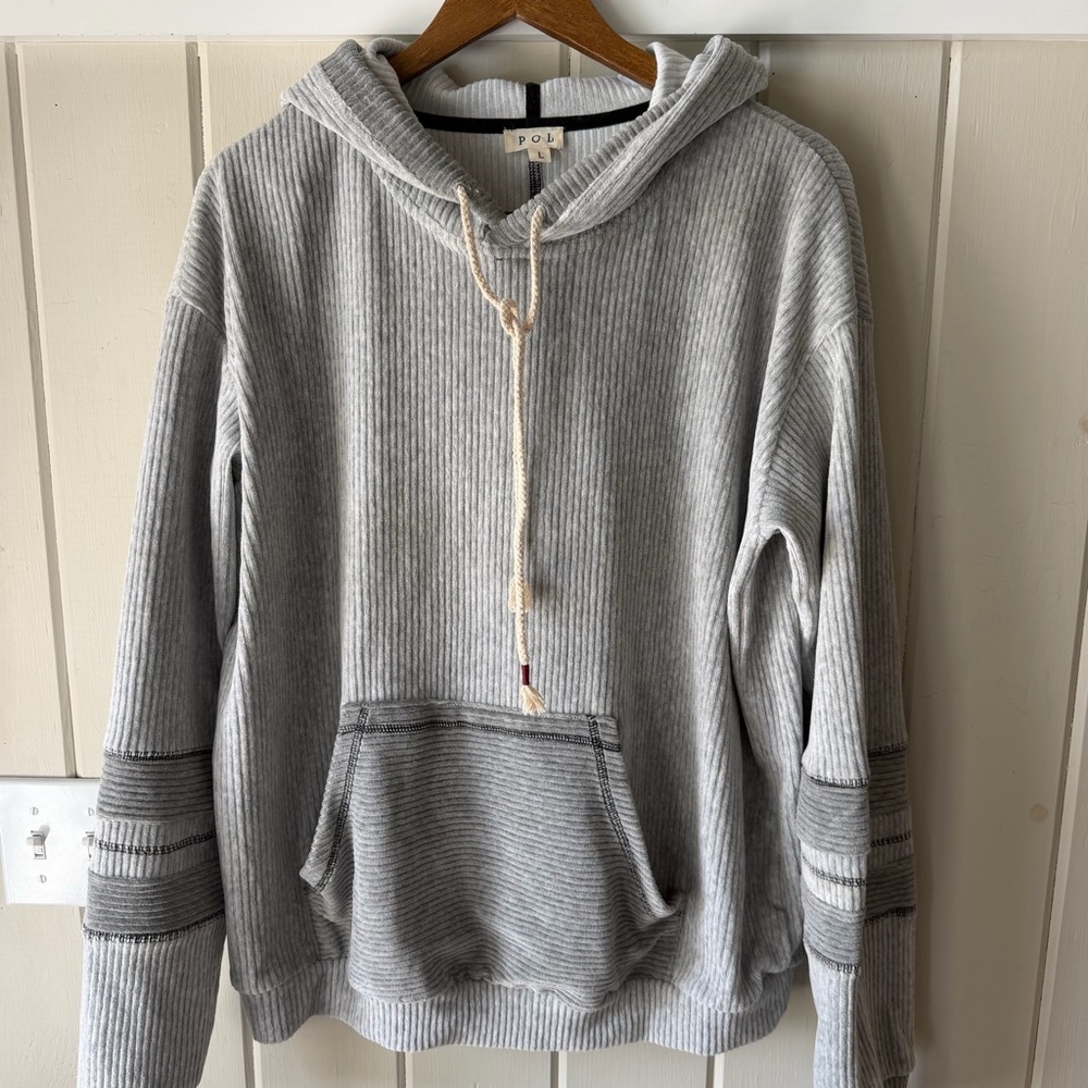 POL Gray Ribbed Hoodie with Striped Sleeve Accents - Picture 2 of 8